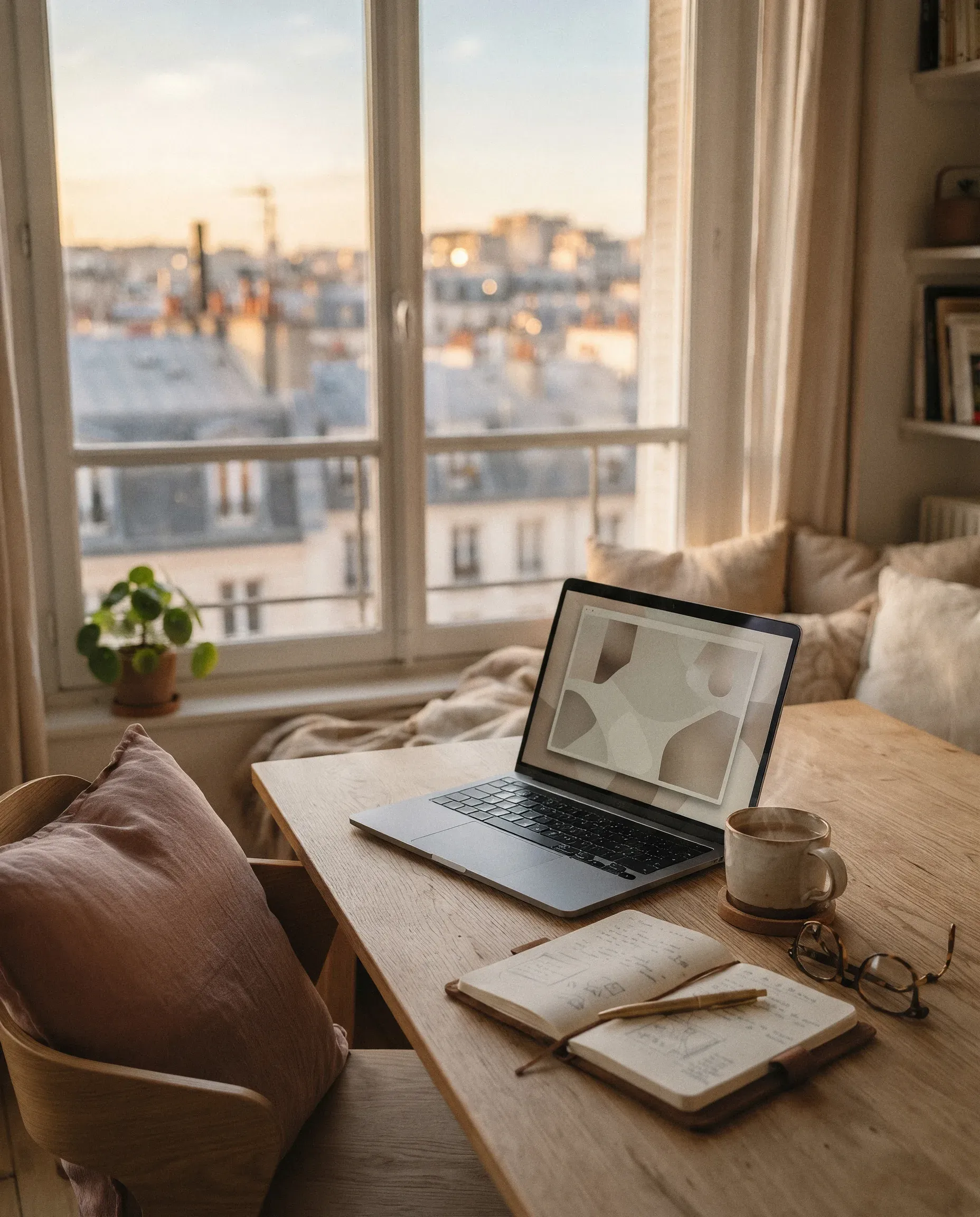Notebook aberto sobre uma mesa de madeira diante da janela de um apartamento no exterior, com telhados de uma cidade europeia ao entardecer